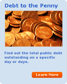 Debt to the Penny. Find out the total public debt outstanding on a specific day or days. Learn More...